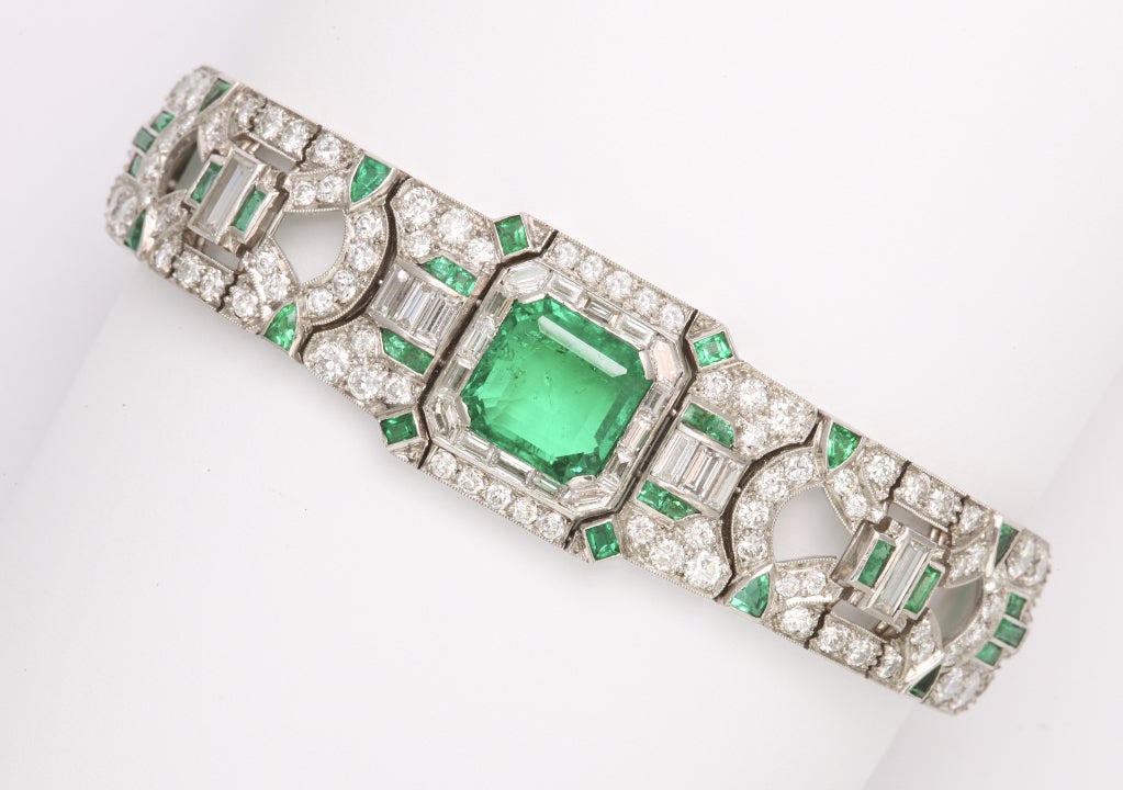 J.E. Caldwell Art Deco Emerald Diamond Platinum Bracelet 1