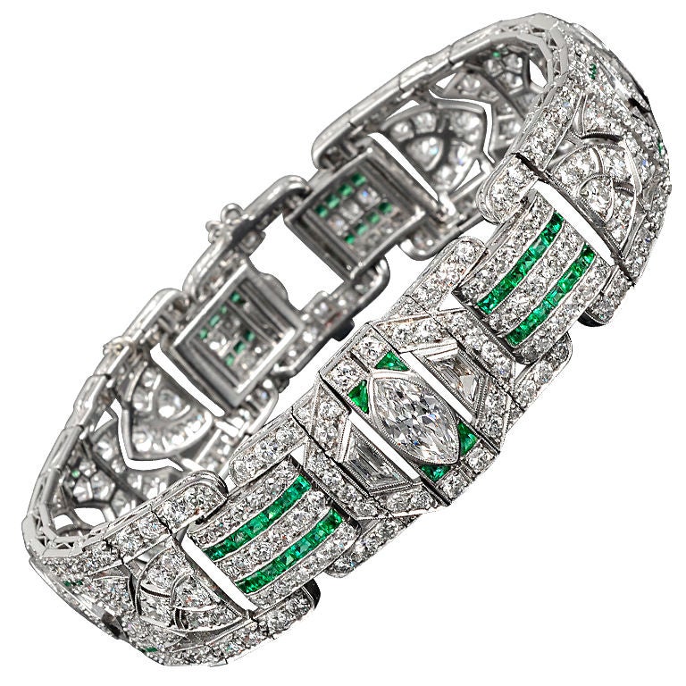 Art Deco Emerald & Diamond Bracelet For Sale