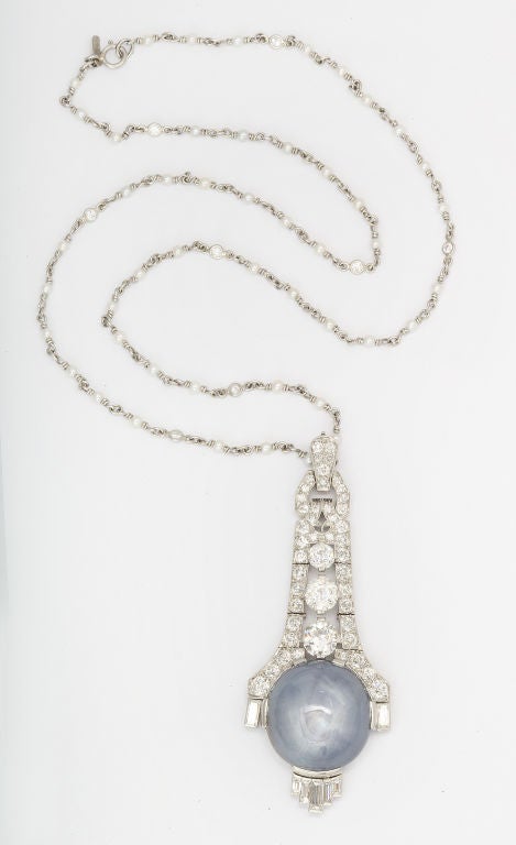 PLATINUM  J.E. CALDWELL ART DECO BLUE STAR SAPPHIRE & DIAMOND PENDANT, MSRP $80,000.00, 14.10 dwt., 5.25ct. TW, 28.00ct., SAPPHIRE. JEC# H9831