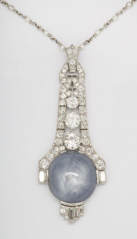 Women's J.E. CALDWELL Art Deco Blue Star Sapphire and Diamond Pendant For Sale