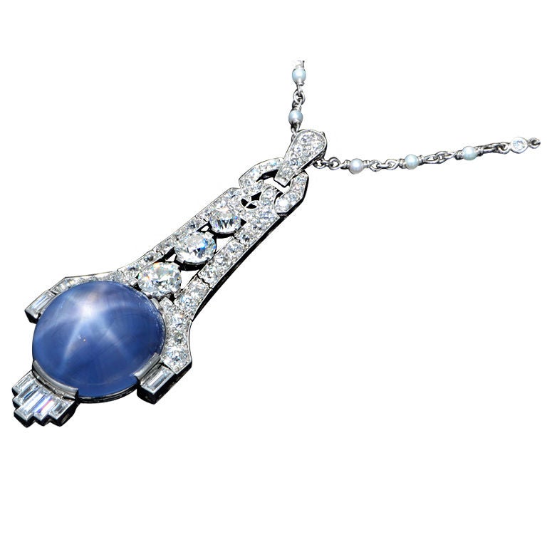 J.E. CALDWELL Art Deco Blue Star Sapphire and Diamond Pendant For Sale