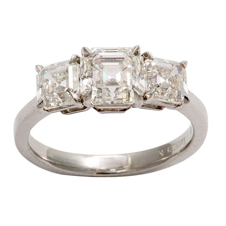 Square Cut Diamond Platinum Three Stone Engagement Ring For Sale