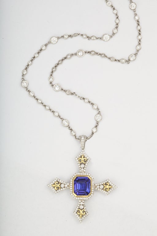 Platinum &18K 1.25 CNT diamond pendant tanzanite Victorian cross pendant with CTR 5.0 tanzanite necklace is platinum  4.47 CTW diamond necklace 16