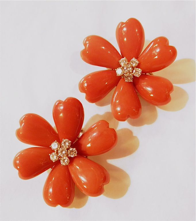 Large Six Petal Coral and Diamond Earclips Fred Leighton