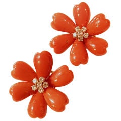 Large Six Petal Coral and Diamond Earclips Fred Leighton