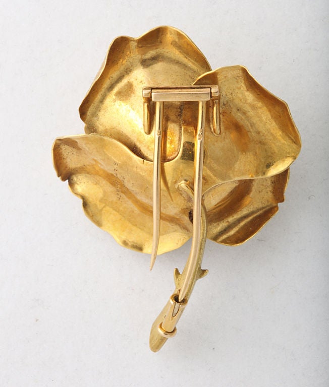 HERMES Hammered Gold Rose Brooch at 1stDibs
