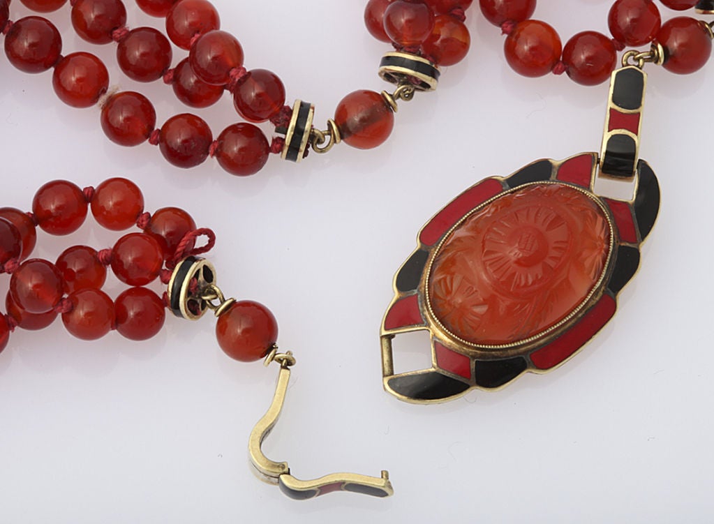 Women's Original Art Deco Necklace Enameled 14KT Gold and Carnelian