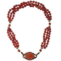 Original Art Deco Necklace Enameled 14KT Gold and Carnelian