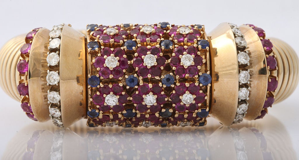 Women's 1940's Covered Watch Bracelet 14KT Ruby, Sapphire, Diamond