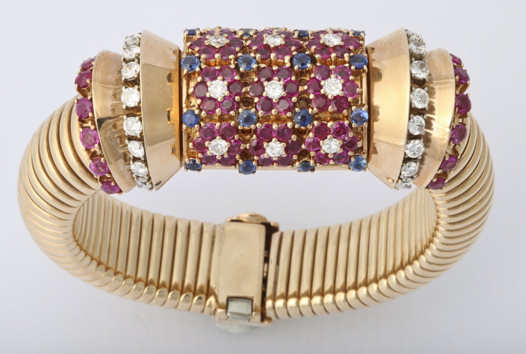 1940's Covered Watch Bracelet 14KT Ruby, Sapphire, Diamond 1