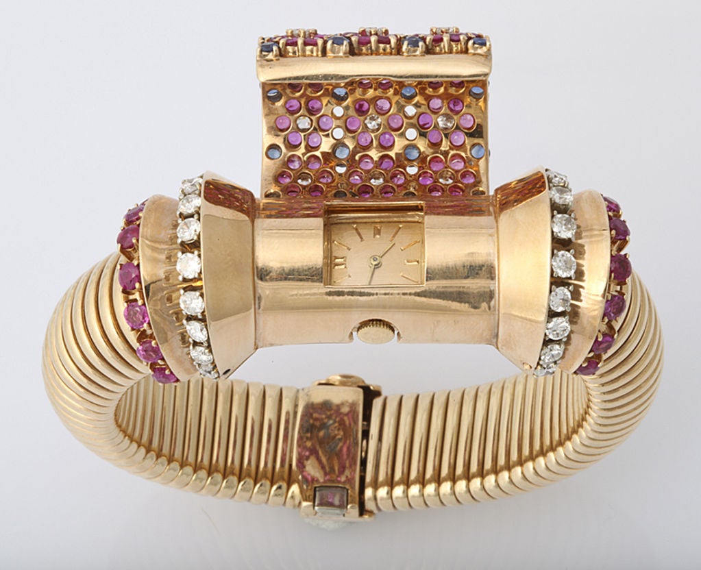 1940's Covered Watch Bracelet 14KT Ruby, Sapphire, Diamond 2