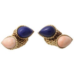 BOUCHERON Gold Lapis Coral Cornucopia Earclips