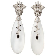 ART DECO Platinum and Rock Crystal Earrings, Onyx and Diamonds