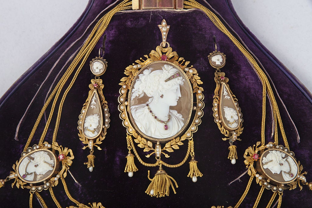 Austrian Carved Shell Cameo Set Gold Rubies, Diamonds and Pearls