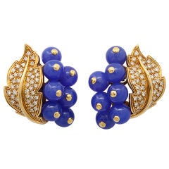 Brilliant Blue Chalcedony and Diamond Gold Ear Clips
