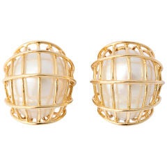 Gold Caged South Sea Pearl Ear Clips