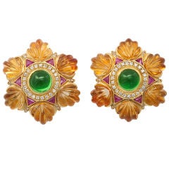 Carved Golden Citrine Ruby Green Tourmaline Diamond Gold Earclip 8