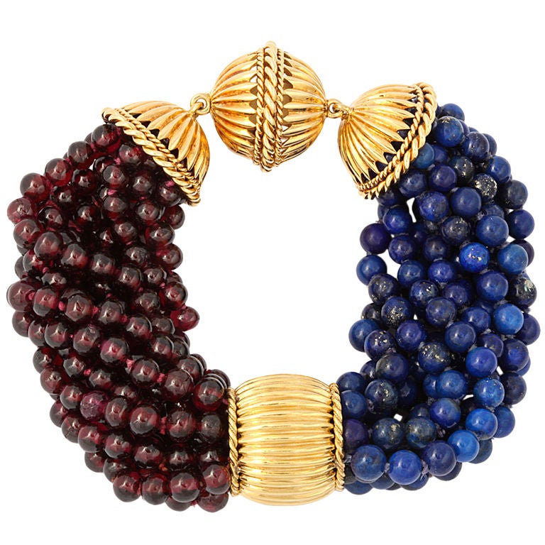 Multi-Strand Lapis and Garnet Bead Gold Bracelet