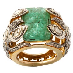 Carved Emerald and Diamond Gold Ring