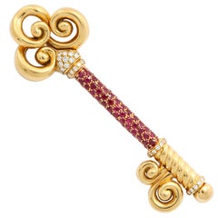 Ruby Diamond Gold Key Brooch