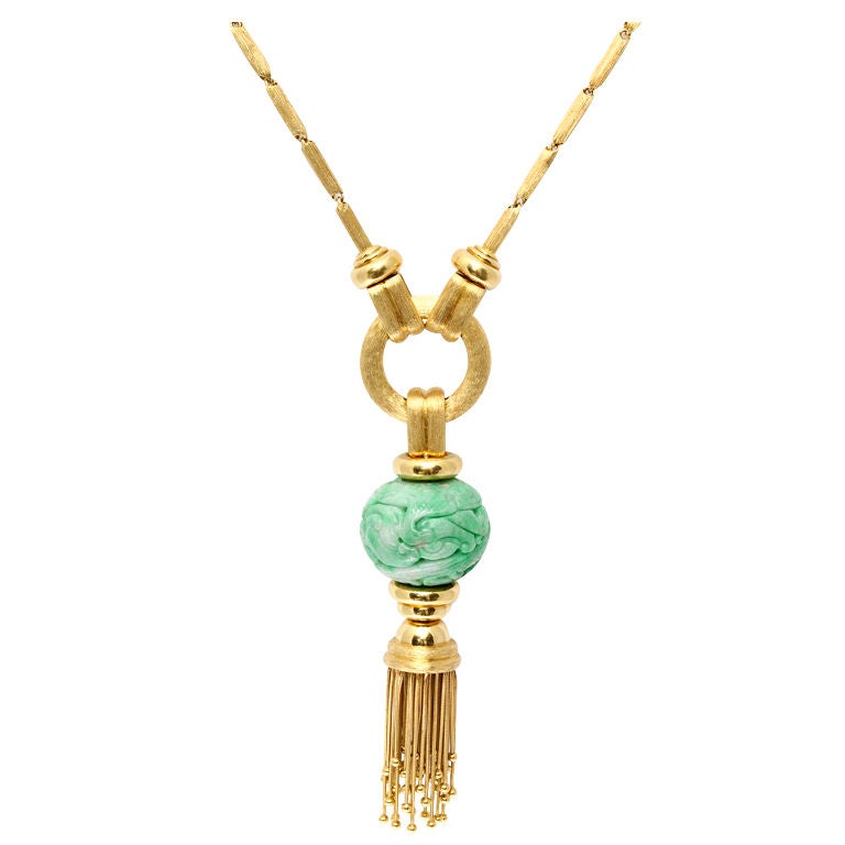 HENRY DUNAY Tassel Necklace with Antique Carved Jade