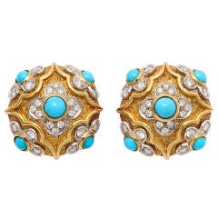 TIFFANY Moroccan Style Turquoise and Diamond Ear Clips