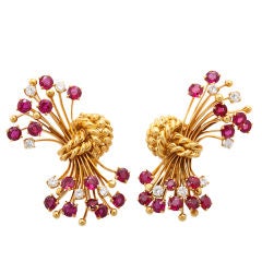DAVID WEBB Gold Rope Ear Clips with Rubies and Diamonds