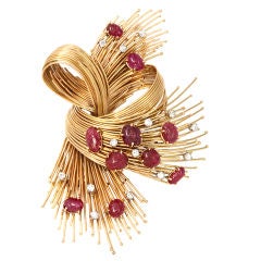Large Gold Bow Brooch Diamond and Carved Rubies Large Gold Bow Brooch Diamond and Carved Rubies