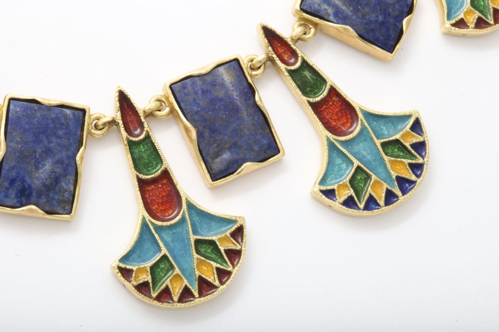 Egyptian Revival  Enameled Gold and Lapis Necklace In Excellent Condition In New York, NY