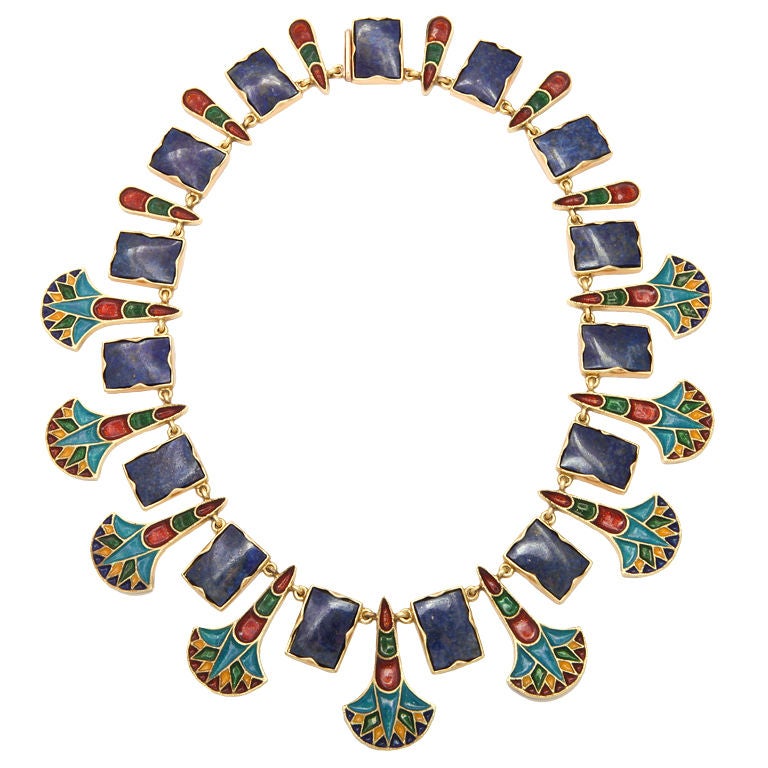Egyptian Revival Enameled Gold and Lapis Necklace at 1stDibs