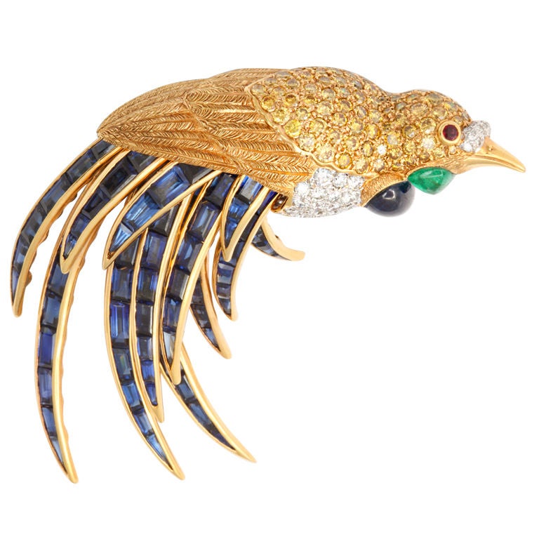 Fred Leighton Multi Gem Bird of Paradise Brooch with Articulated Tail Feathers For Sale