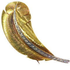 HERMES Gold and Diamond Feather Brooch