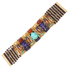 Gold and Carved Stone Egyptian Revival Scarab Bracelet