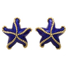 Large Gold Blue Enamel Starfish Earcllips