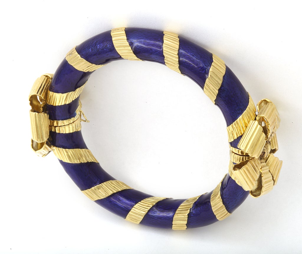 Tiffany & Co. hinged bracelet, 18K gold, Made in Italy, purple-blue enamel, ribbon and bow motif. Inner measure 6 3/4 in.