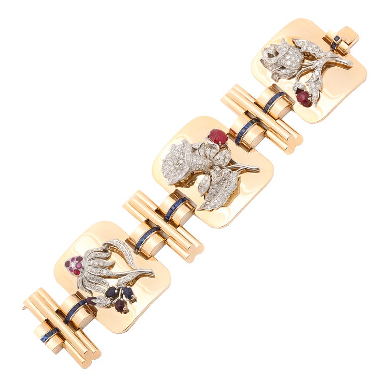 Pulsera Retro Diamante Oro Tallado Gema Floral