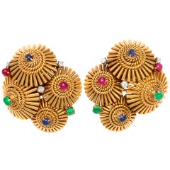 MARSHAK Paris "Japanese Parasol" Gold Gem Ear Clips