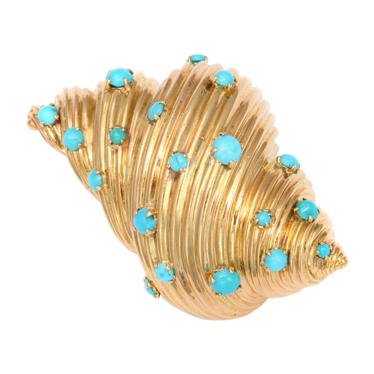 Tiffany-Paris Gold and Turquoise Shell Brooch