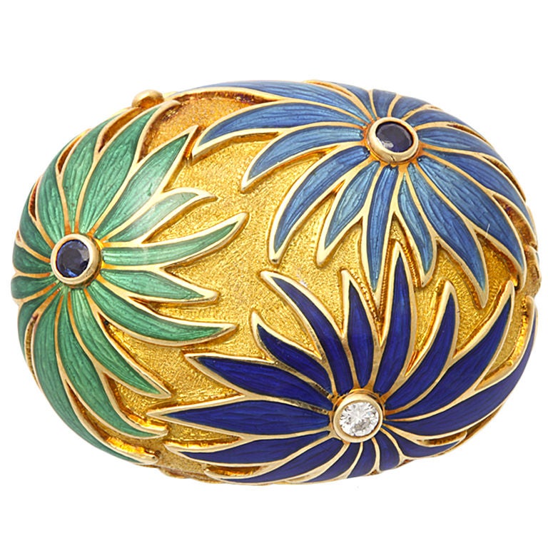 TIFFANY Pillbox in Enameled Gold with Sapphires and Diamonds