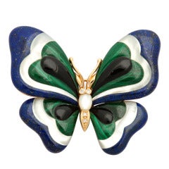 Inlay Multi Stone Gold Butterfly Brooch