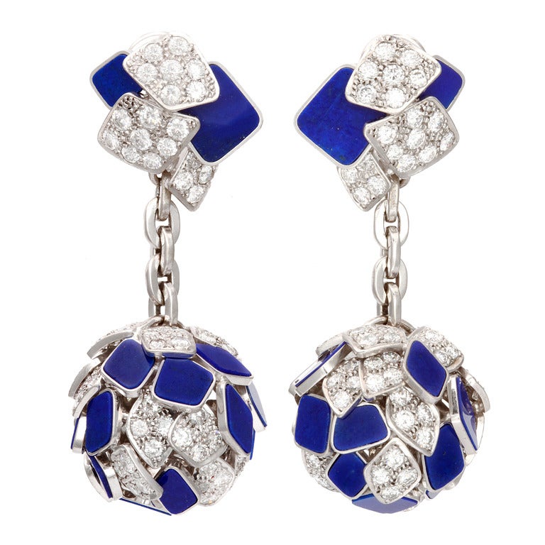 1970s Rich Blue Carved Lapis Diamond White Gold Ball Drop Earrings For