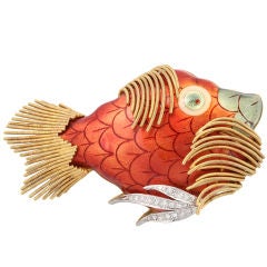 Large Fish Brooch in Enamel and Diamonds