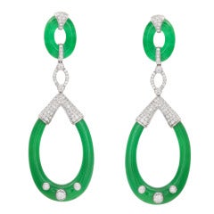 Vintage  Carved Jade and Diamond Earrings