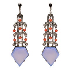Theodor Fahrner Coral and Chalcedony Art Deco Earrings
