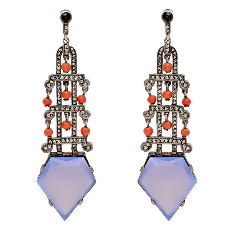 Theodor Fahrner Coral and Chalcedony Art Deco Earrings