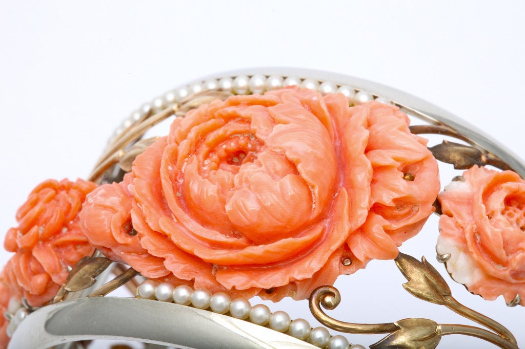 1930's Carved coral bracelet and ring set, by Detroit jeweler 