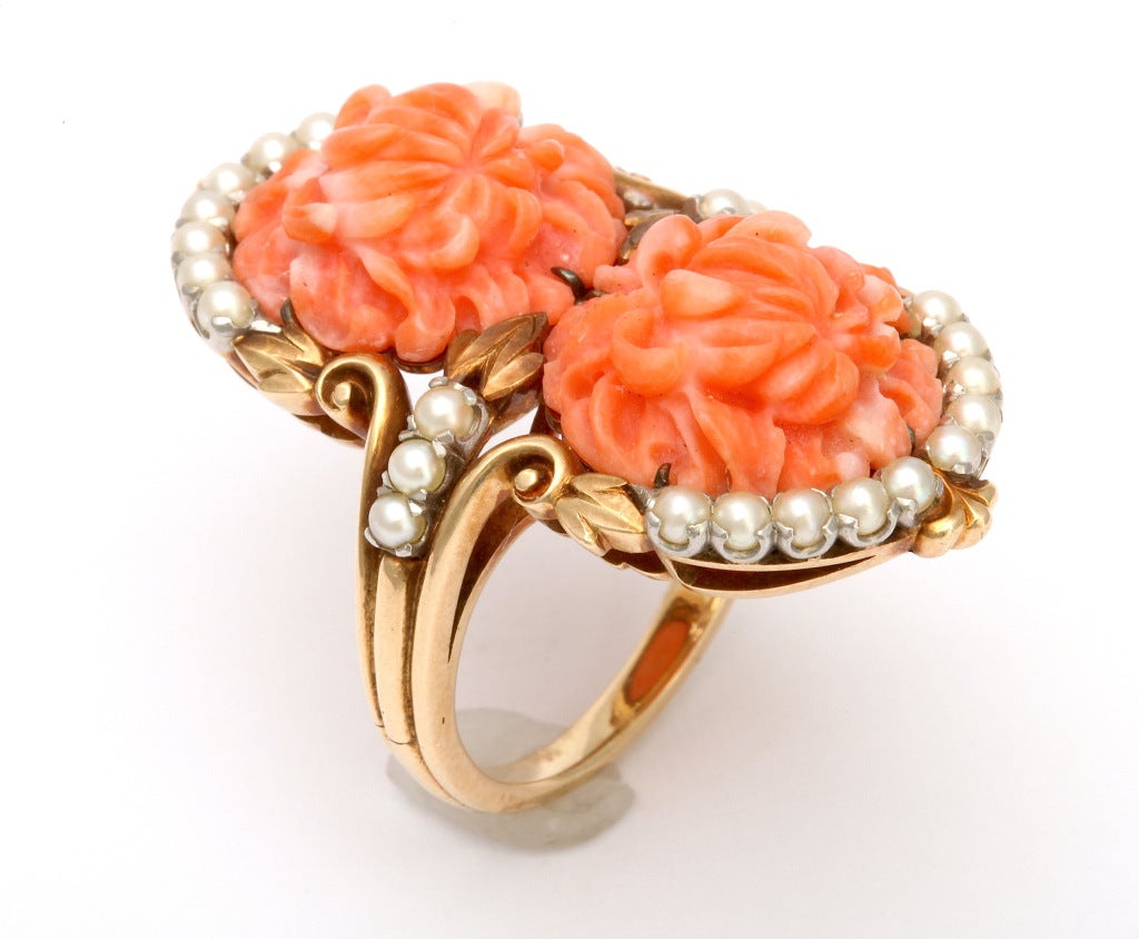 1930s Carved Coral and Pearl Gold Bracelet and Ring. 2