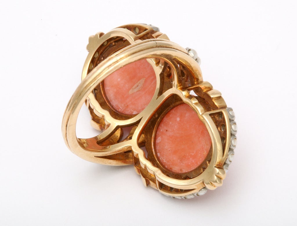 1930s Carved Coral and Pearl Gold Bracelet and Ring. 3