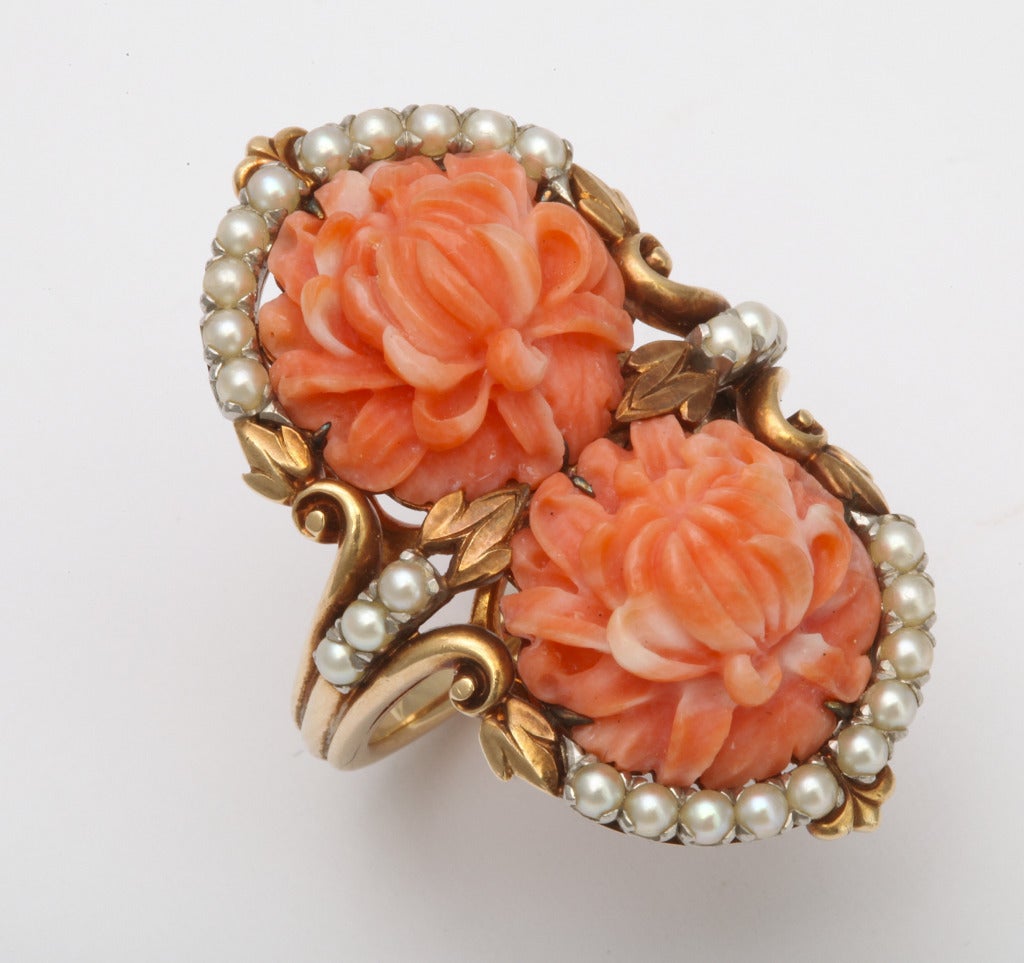 1930s Carved Coral and Pearl Gold Bracelet and Ring. 4