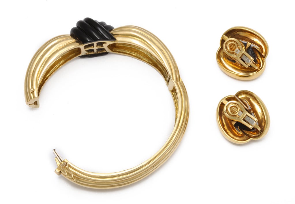 Turi Gold Earclips and Bracelet Carved Black Jade 1